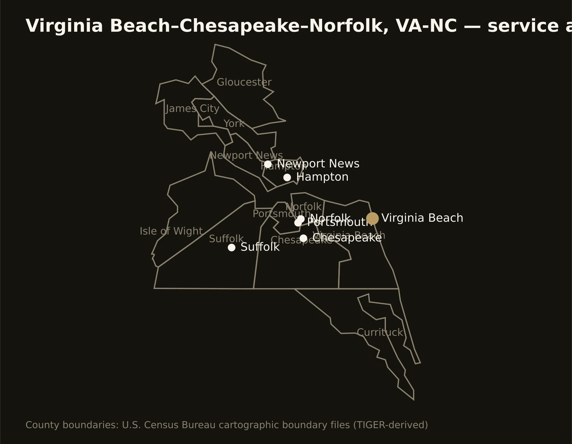 Virginia Beach–Chesapeake–Norfolk, VA-NC directional drilling service area map — component counties and cities served